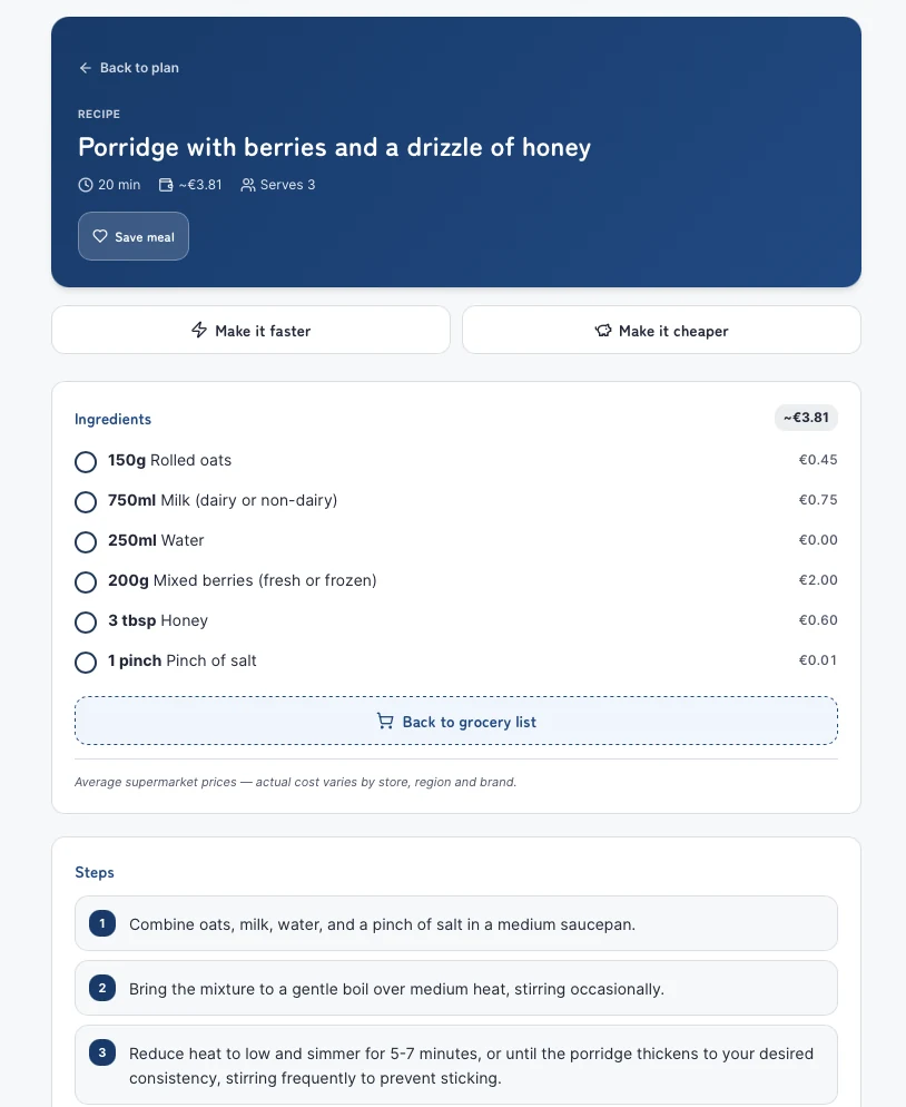 Familia.life recipe view showing per-ingredient prices, a total cost estimate and cooking steps.