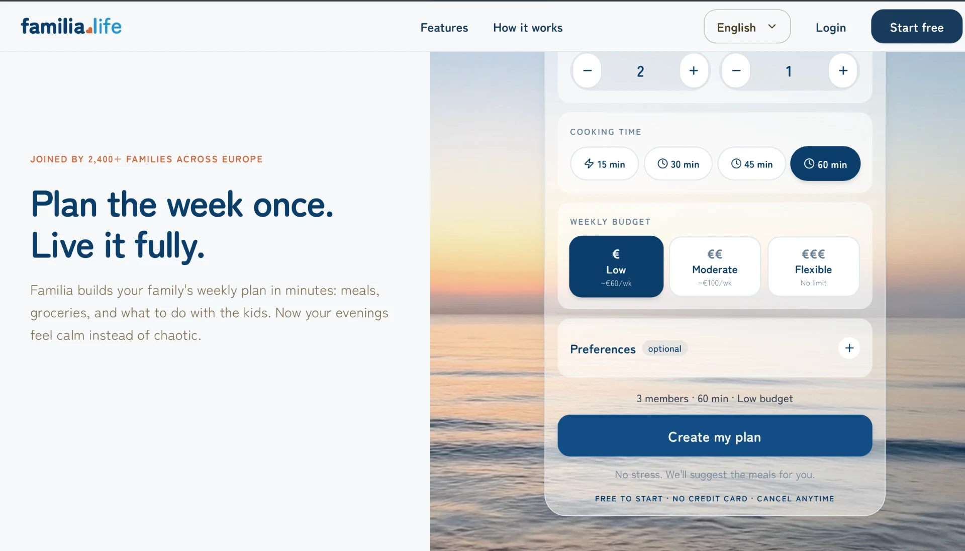 Familia.life landing page showing the family size, cooking time and weekly budget inputs.