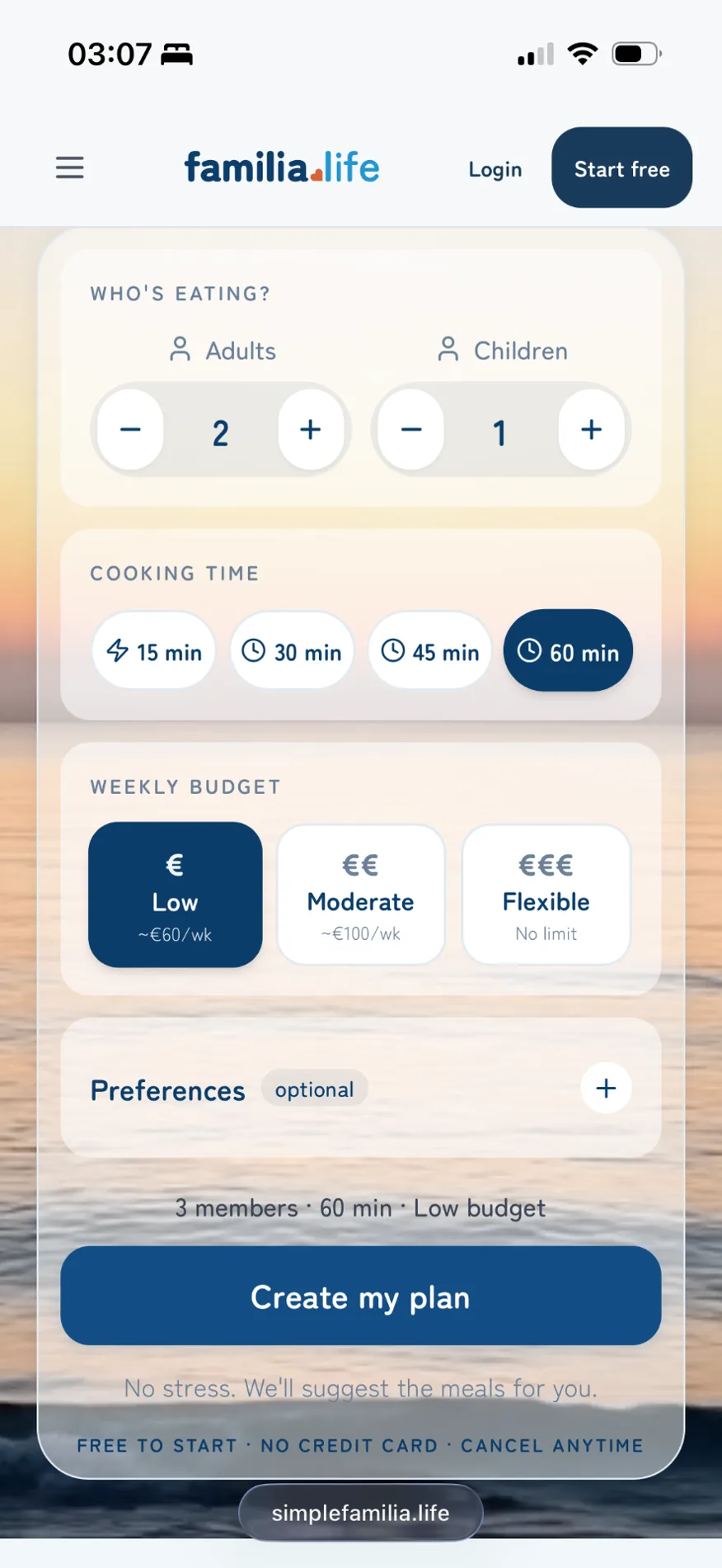 Familia.life input screen on a phone: who is eating with adult and child steppers, cooking time options, weekly budget options, a collapsed optional preferences row, and a summary line reading three members, 60 min, low budget above the Create my plan button.