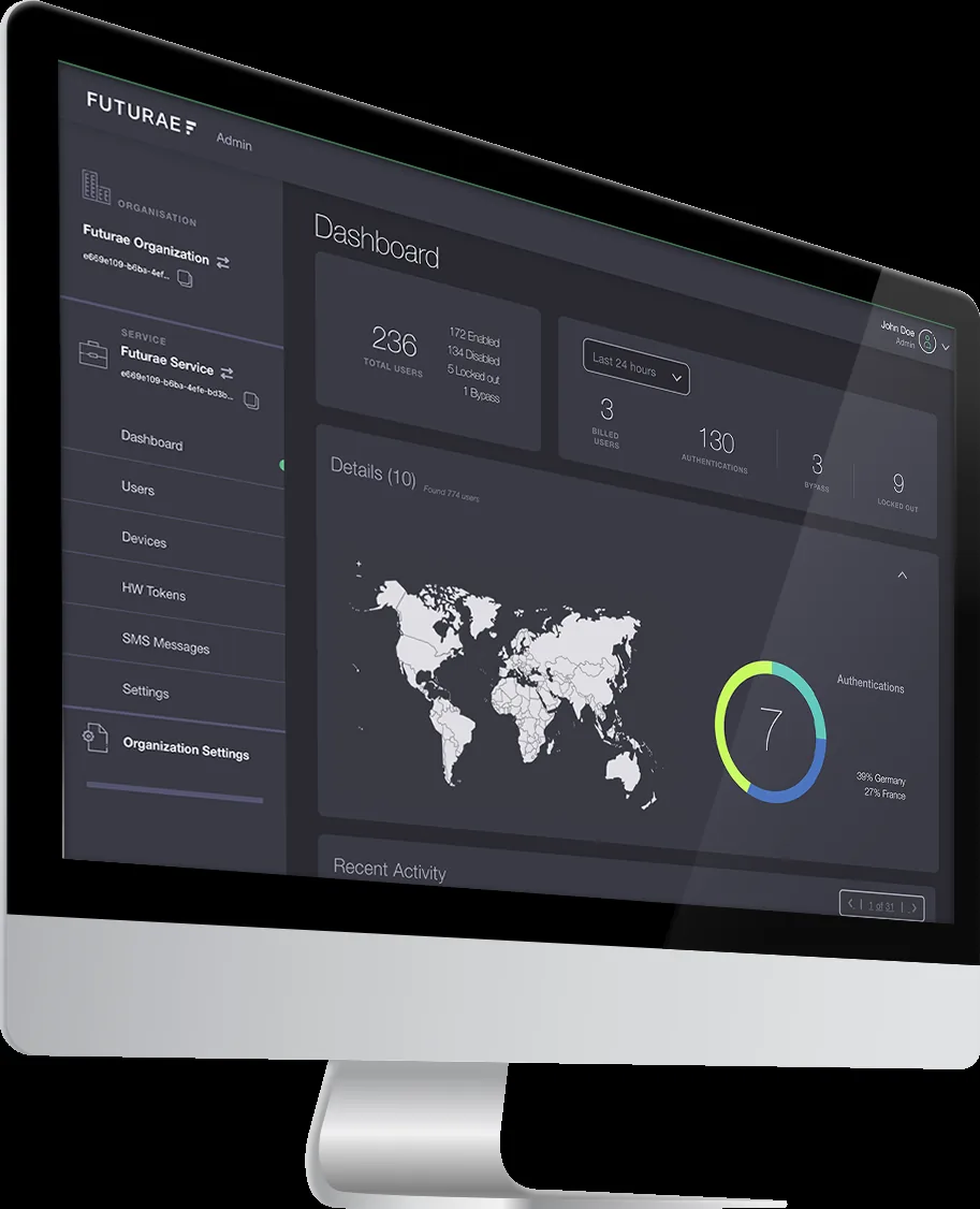 Futurae admin dashboard interface showing the redesigned multi-tenant management view.
