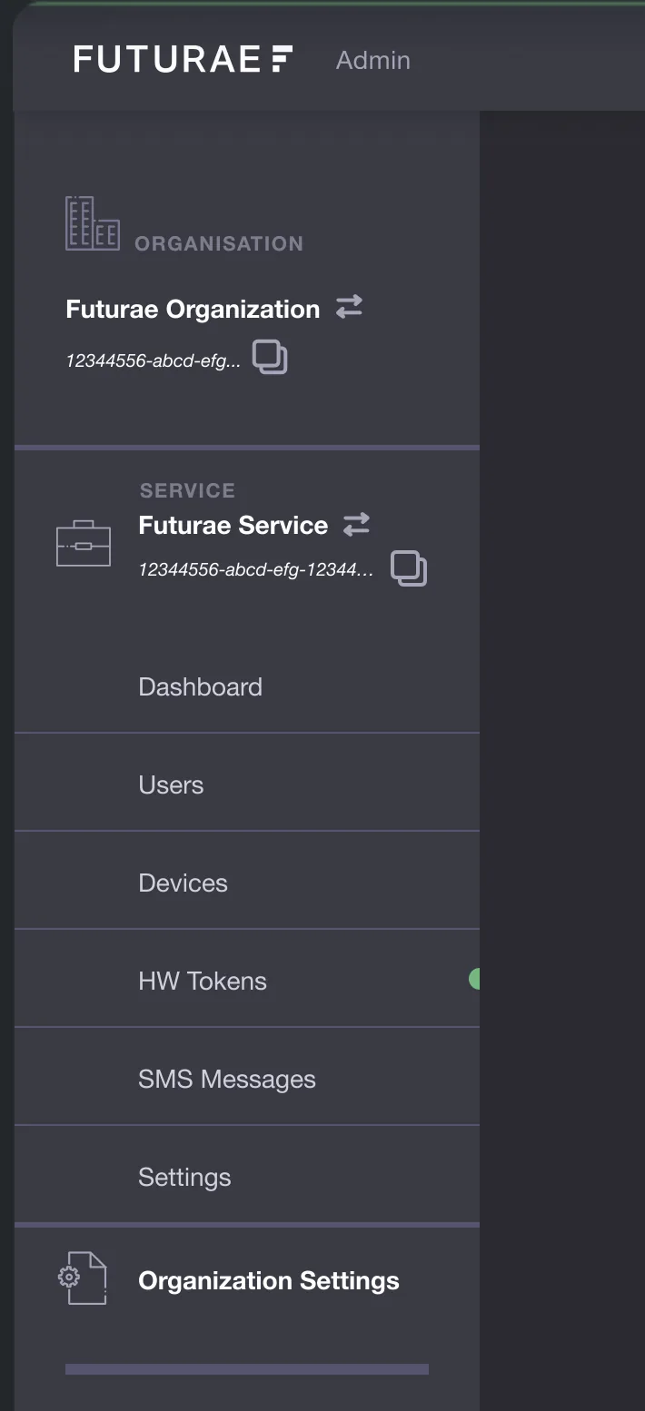 Futurae admin dashboard navigation hierarchy showing organization and service level separation.